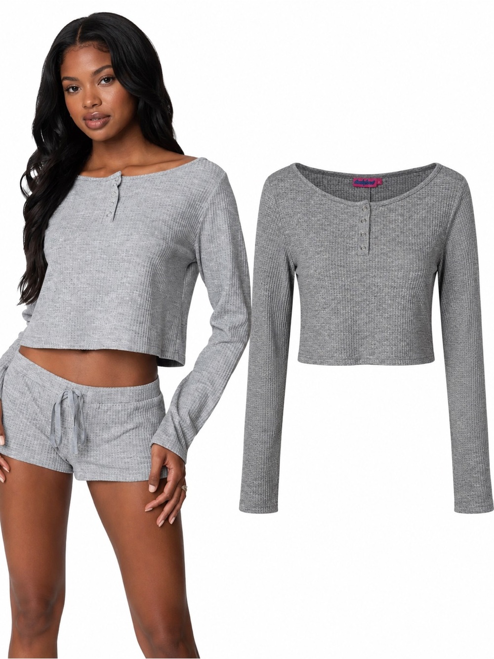 Edikted | Gray Melange Teddy Waffle Knit Crop Henley Top Long Sleeve Size Medium